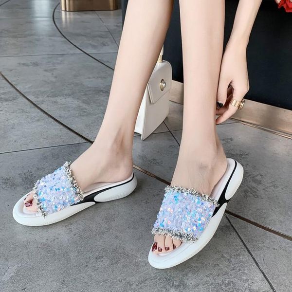 

slippers pxelena flip flops ladies bling sequined glitter beach slides outside 2021 summer women flat soft comfort shoes plus sz, Black