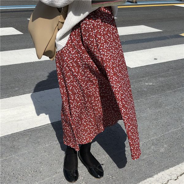 

skirts red street print floral elastic-waist casual quality chic autumn high waist fresh loose long skirts, Black