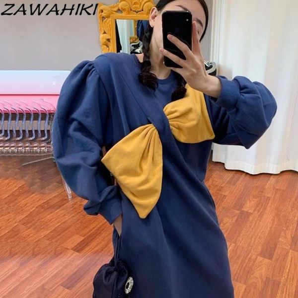 

casual dresses zawahiki all-match round neck contrast color bow stitching loose split sweater dress long puff sleeve femme robe, Black;gray