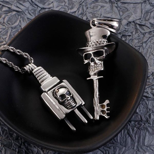 

punk stainless steel skull key pendant necklace men hip hop plug shaped chain collar homme boho jewelry necklaces, Silver