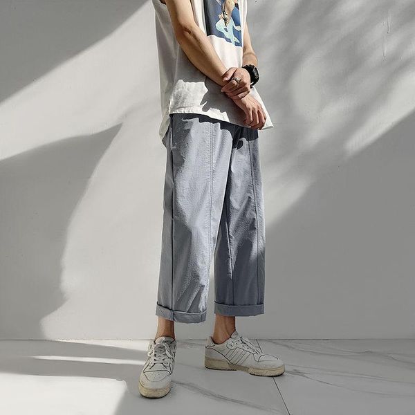 

four seasons men's thin ice silk loose straight trousers hommer male ankle-length casual pants cuffs solid color m-5xl, Black