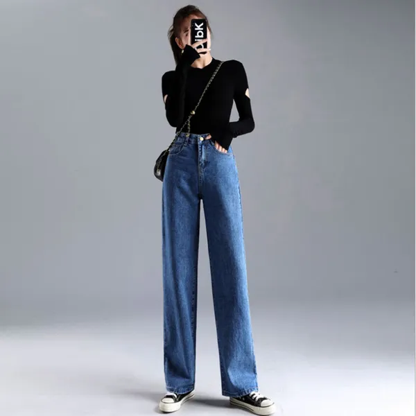 

2011Jeans Women Loose High Waist Straight High Waist Pants Solid Color Wide Legs Retro Loose Womens Denim Trousers Thin Section, Cropped pants
