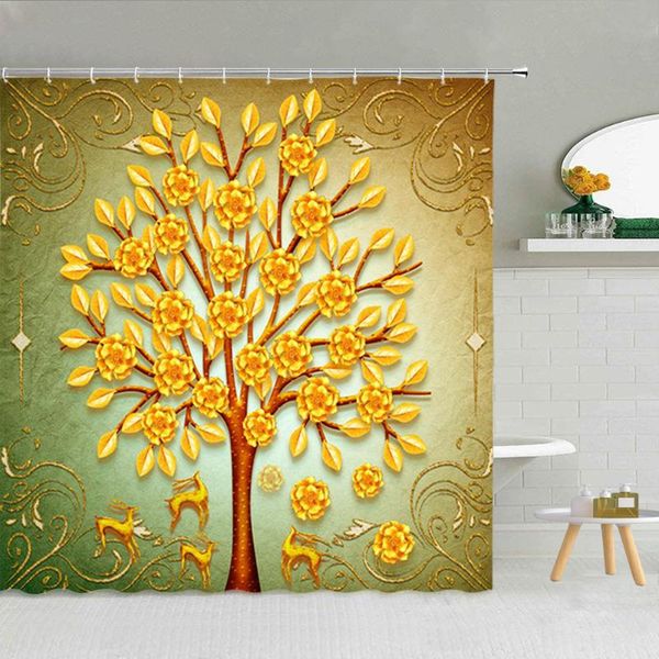 

shower curtains 3d golden tree animal curtain plant leaves elk fish waterproof fabric bathroom decor accessories set with hooks