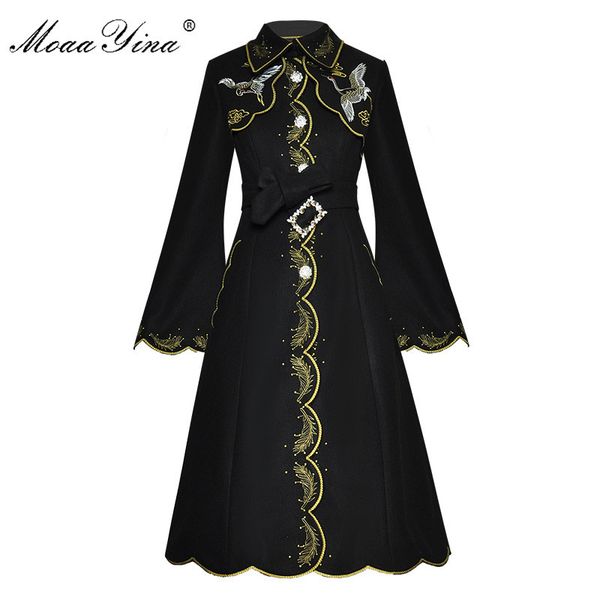 

fashion designer woolen cloth overcoat spring autumn women lace-up flare sleeve gold line embroidery 210524, Black