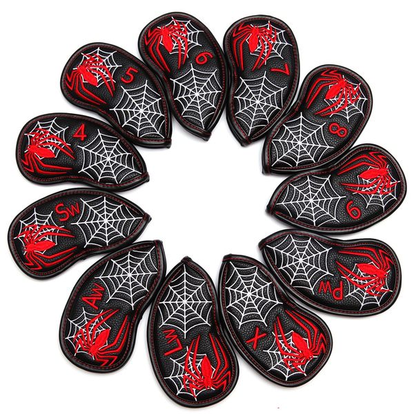 

11pcs / set black litchi pu leather spider embroidery golf club irons headcover wedges cover