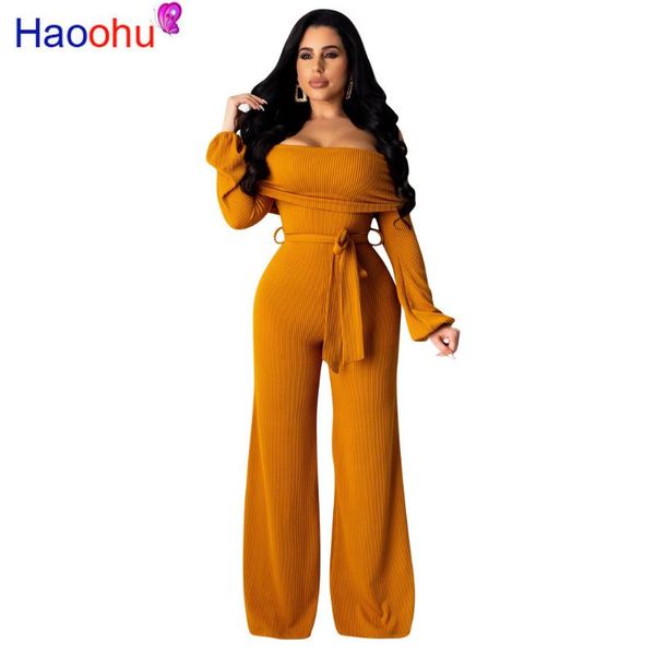 

women's jumpsuits & rompers autumn winter backless long sleeve bodysuit women slash neck solid causal wide leg jumpsuit loose belt plus, Black;white