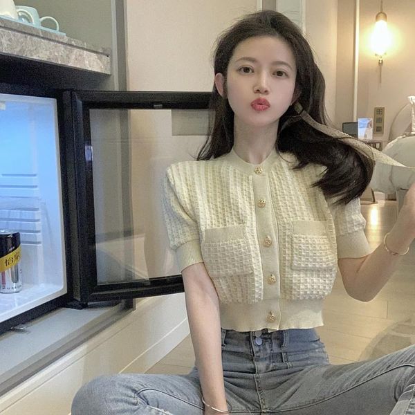 

women's knits & tees 2021 spring/summer retro little fragrant round neck temperament short knit t-shirt women cardigan a902, White