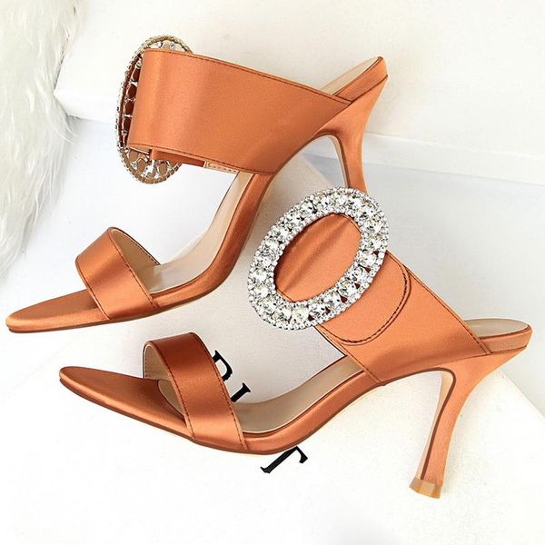 

sandals 2021 summer women 8.5cm high heels rhinestone satin slides fetish slip on crystal shoes lady scarpins silk pumps, Black