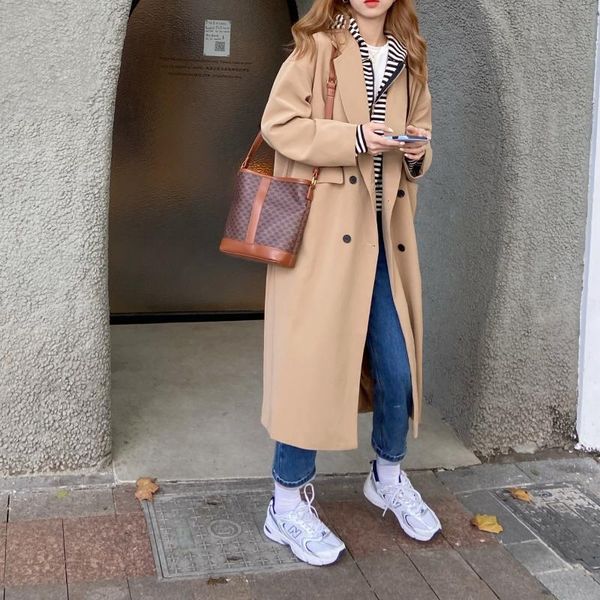 

solid color casual windbreaker for women lapel collar long sleeve trench coat fashion clothing 2021 style c096 women's coats, Tan;black