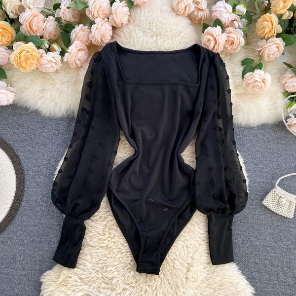 

singreiny casual square collar rompers women polka dot puff sleeve jumpsuit women fashion streetwear outfits overalls bodysuit 210419, Black;white