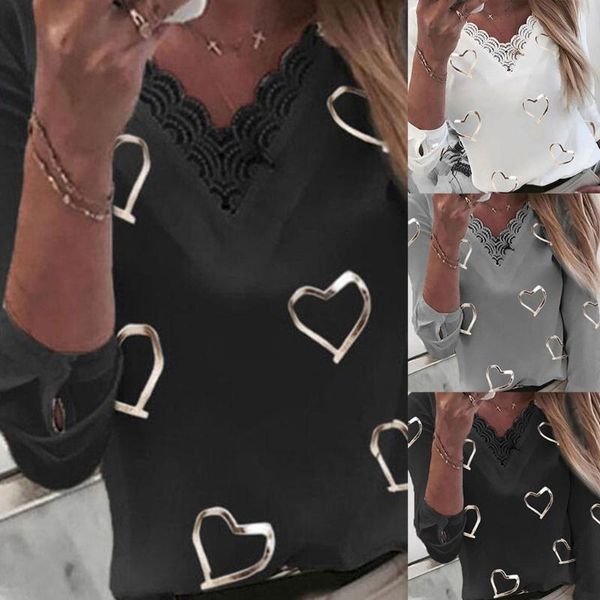 

women's t-shirt women autumn long sleeve t shirts v-neck lace patchwork solid color pullover love heart printed graphic casual loo, White