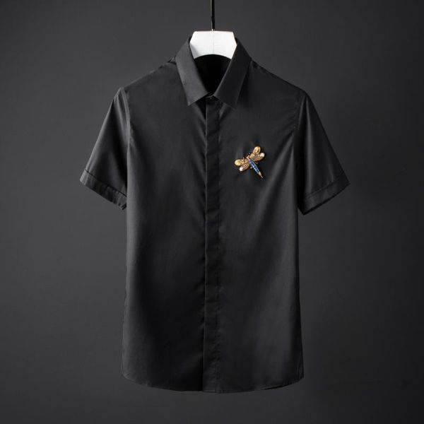 

100% cotton mens shirts luxury dragonfly beading short sleeve dress camisa masculina plus size 4xl man men's casual, White;black