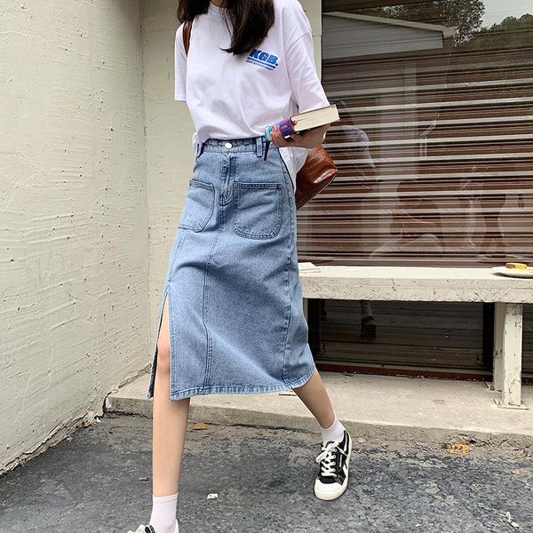 

skirts high waist split denim skirt women 2021 fashion and thin temperament mid-length bag hip, Black