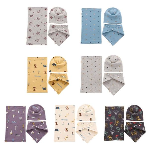 

3pcs/set cotton baby hat set cartoon print flowers cap scarf for boys girls autumn winter infant hats bib bibs & burp cloths