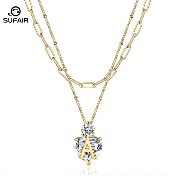 

chains sufair cz big heart initial 2pc layered pendant necklace for women 14k gold paperclip chain party gift girl jewelry, Silver