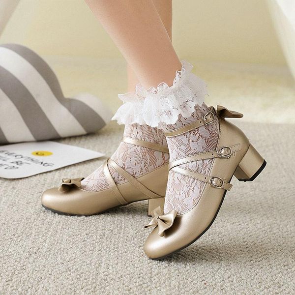 Sandalen Süße Lolita Prinzessin Mary Janes Schuhe Weiß Rosa Bowtie Rüschen Uniform Schule für Mädchen Mittlerer Absatz Schwarz Punk Spitze