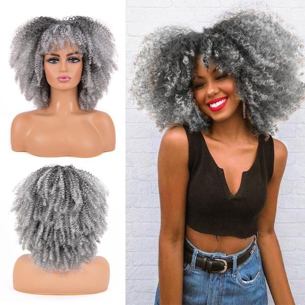 

synthetic wigs leeons short afro kinky curly wig with bangs for black women fiber