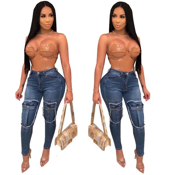 

fashion decorative pocket high waist elastic slim leggings, Blue