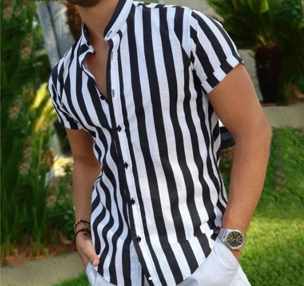 

men's casual shirts men clothing 2021 summer thin black cotton youth striped slim lapel shirt camisas para hombre, White;black