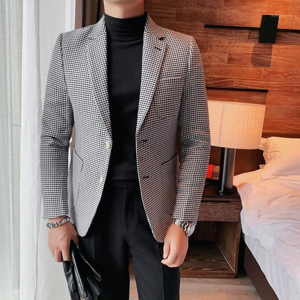 

men's suits & blazers 2021 autumn winter houndstooth british style casual suit jackets gentleman temperament wedding business dress coa, White;black
