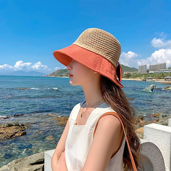 

wide brim hats 2021 women's summer and korean sunscreen hat sun knitted fisherman's straw, Blue;gray