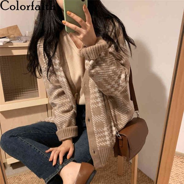 

colorfaith autumn winter women's sweaters korean style plaid checkered knitted buttonsÂ cardiagans ladies knitwears swc18143 210413, White;black