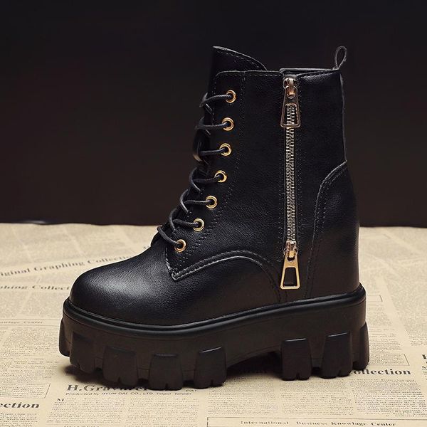

boots women chunky shoes 2021 autumn leather hidden heels sneaker winter 8cm high fashion black platform ankle