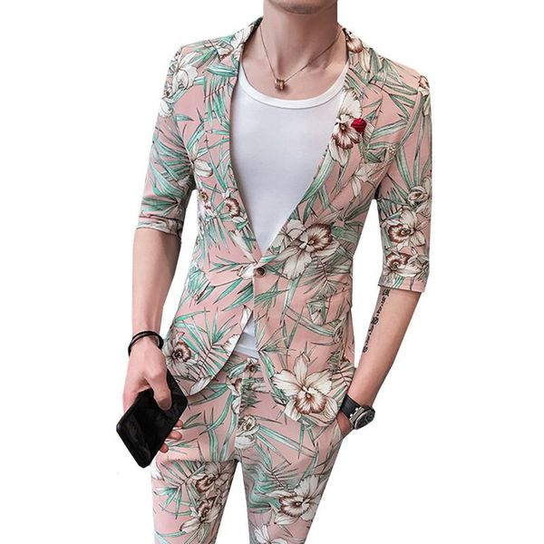 

men's suits & blazers 2021 half sleeve flowers printed coat men summer fashion floral designer tuxedos slim fit jacket pants 2 pcs set, White;black