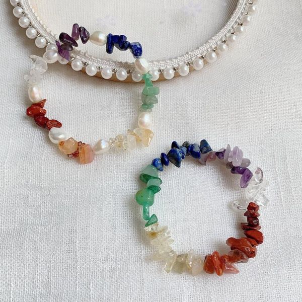 

beaded, strands 7 chakras bracelet for women baroque pearl charm seven colorful gravel chips natural stone crystal pulseras healing, Black