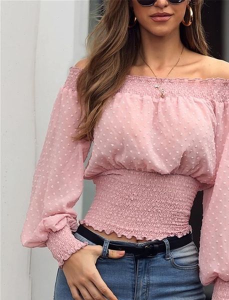 

off shoulder autumn chiffon women blouses long sleeve slim casual solid white