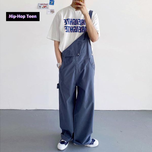

men's pants korea men bib casual blue jumpsuits streetwear multi pockets fashion suspenders cargo overalls hip hop, Black