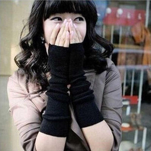 

five fingers gloves women warm knit wool fingerless winter knitted half finger cuff long mittens, Blue;gray