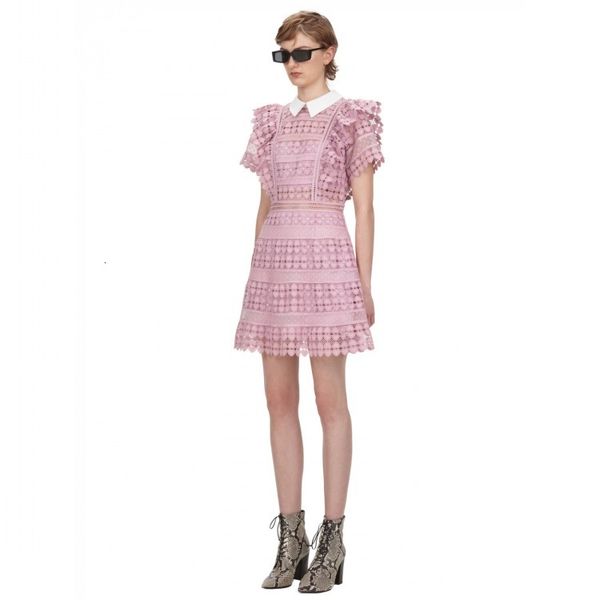 

casual dresses self portrait pink color women mini short sleeve turn down collar hollow out lace elegant atow, Black;gray