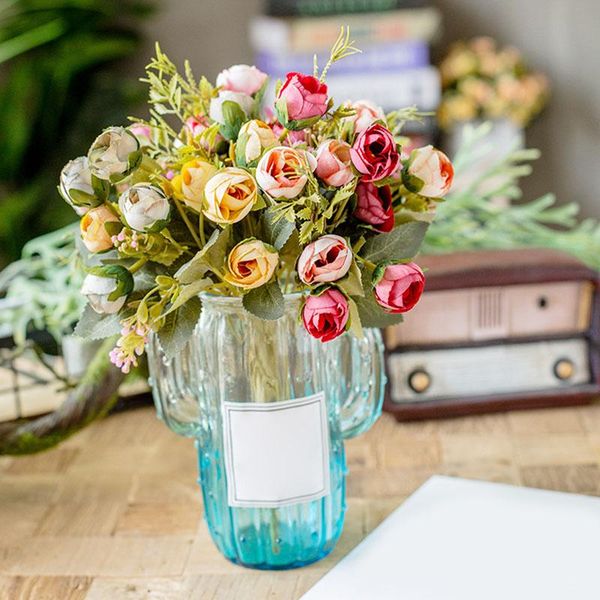 

bouquet 15 buds artificial floral tea rose flowers silk real touch fake flower leaf plants wedding decoration home garden decorative & wreat