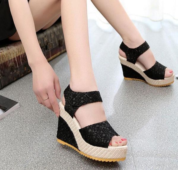 

lace hollow wedges sandals women summer gladiator shoes woman peep toe lady casual slippers flip flops female zapatos de mujer, Black