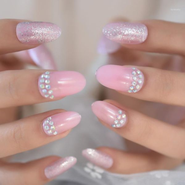 

pink color press on glitter fake nail decorated artificial nails medium almond false with stones1, Red;gold