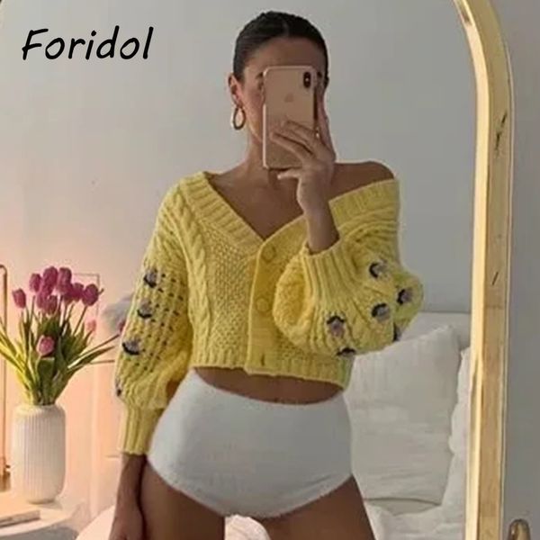 Flor Crochet Amarelo Malha Cardigan Cardigan Mulheres Casuais Oversized Curto Camisola Cardigan Vintage Lanterna Sleeve Top 210415