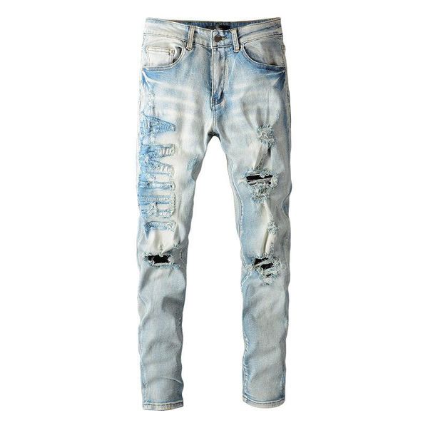 

men's jeans fashion high street style blue black hole stretch slim-fit pants