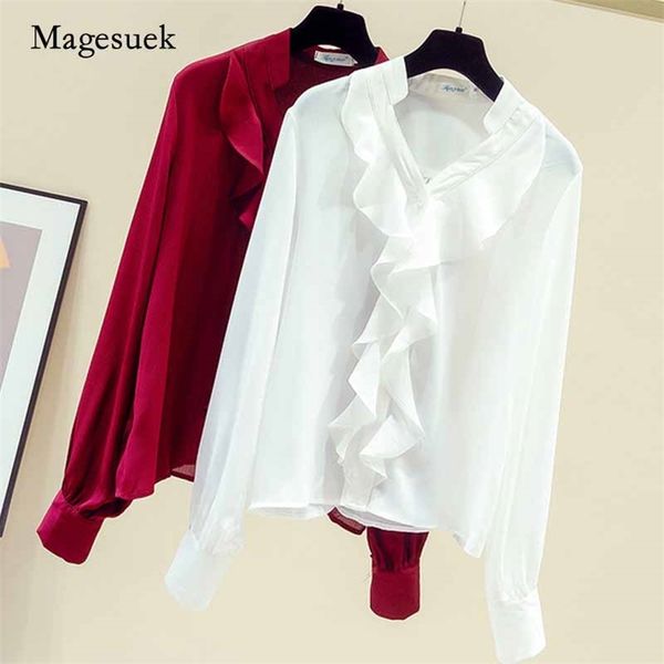

retro long sleeve korean clothes ruffles v-neck latern women's shirts solid chiffon shirt blusas mujer 11144 210518, White