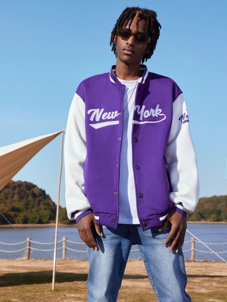 

romwe guys letter embroidery bomber jacket j79g#, Black;brown