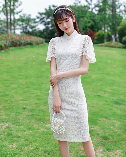 

ethnic clothing lace vestidos improve women qipao solid mandarin collar chinese dresses loose sleeve oriental cheongsams slim formal go, Red
