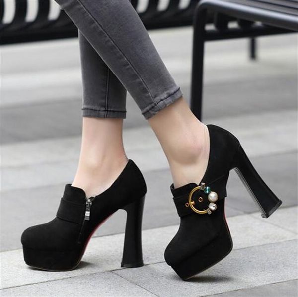 

dress shoes pxelena women pumps super heels flock round toe buckle beads crystal retro ladies platform, Black