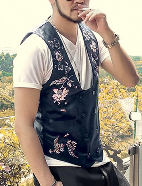 

men's vests mens vest suit double breasted u neck flower patterned casual for wedding waistcoat groomsmen, Black;white
