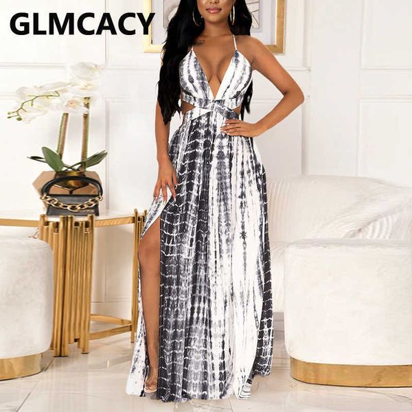

spaghetti strap abstract printed high slit dress 210702, Black;gray