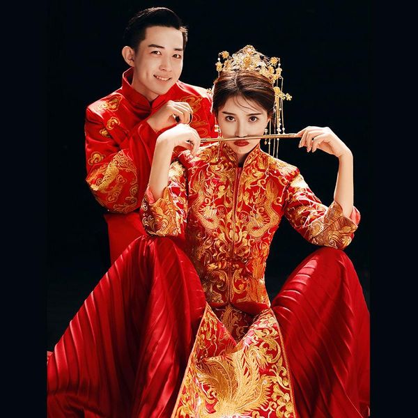 

embroidery lovers marriage set chinese style wedding costume bride bridegroom cheongsam classic toast clothing vintage qipao ethnic, Red
