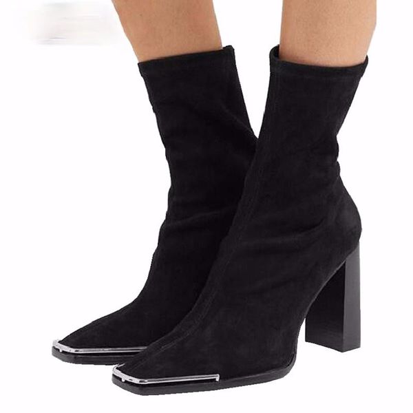 

boots star style suede women motorcycle comfortable thick heeled office lady shoes autumn winter warm high heels ankle, Black