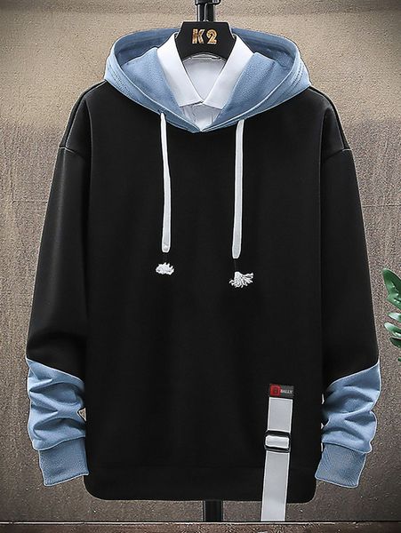 

romwe guys colorblock drawstring hoodie n59s#, Black
