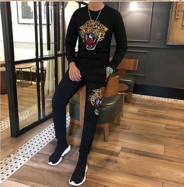 

men's tracksuits diamond long streetwear warm winter man in training suit man-o-neck fashion male hip-hop 2 parts, Gray