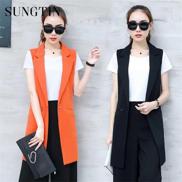 

women's vests sungtin 2021 spring autumn casual long blazer vest women sleeveless jacket elegant office lady waistcoat suits plus size, Black;white