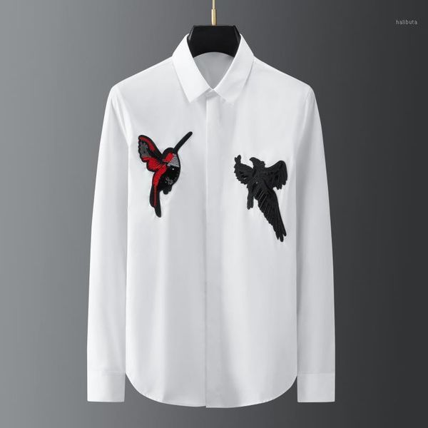 

men's casual shirts minglu cotton male luxury long sleeve sequin bird embroidery causal mens dress fashion slim fit party man, White;black